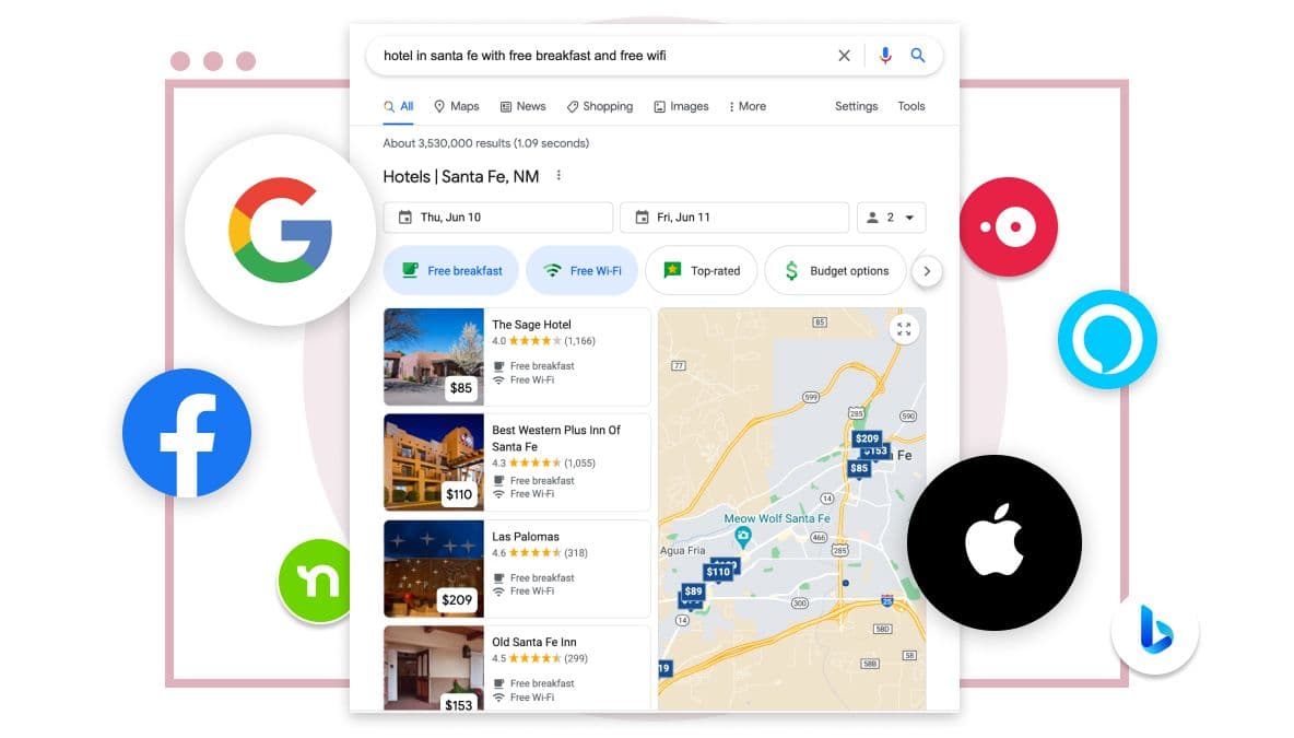 Search results showing integration with Google, Facebook, Apple Maps, Bing, and Alexa